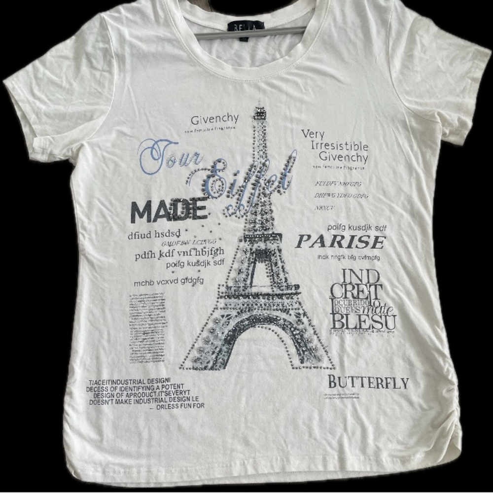 Bella White Eiffel Tower Rhinestone Graphic Tee Ruched Side Cotton Large L